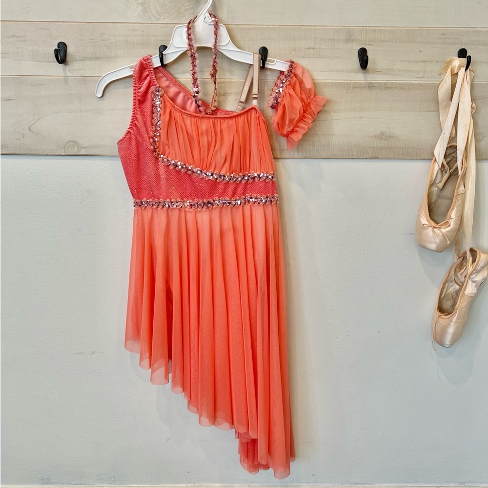 Dansco lyrical dance costume, peach, one shoulder, size MA